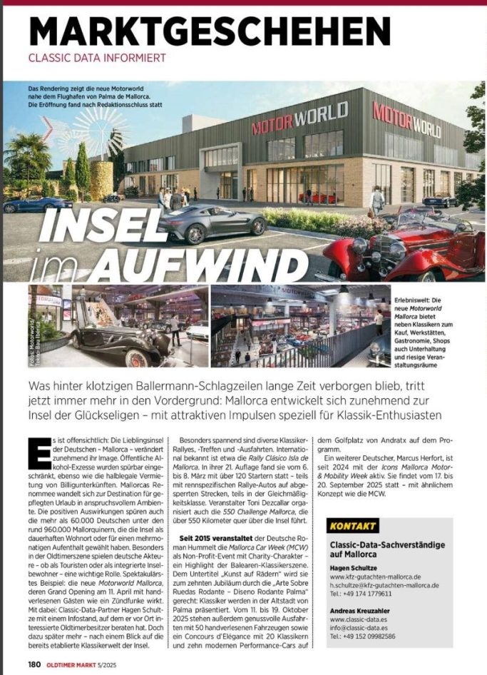 Classic Data informiert (Oldtimer Markt Ausgabe 05/2025) Bericht über Marktgeschehen mit dem Titel "Insel Aufwind" und Bildern von Fahrzeugen.