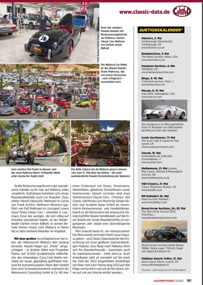Classic Data informiert (Oldtimer Markt Ausgabe 05/2025) Drei Teilansichten eines Autotreffens mit Fahrzeugen in verschiedenen Umgebungen.